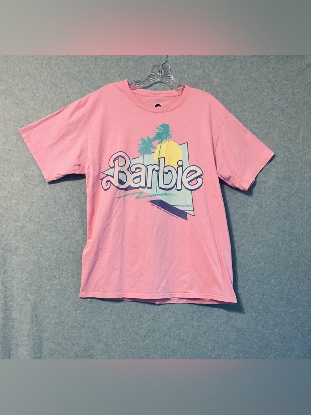 Matel Barbie Pink Graphic  woman Tee with Retro Beach Print Sz X L